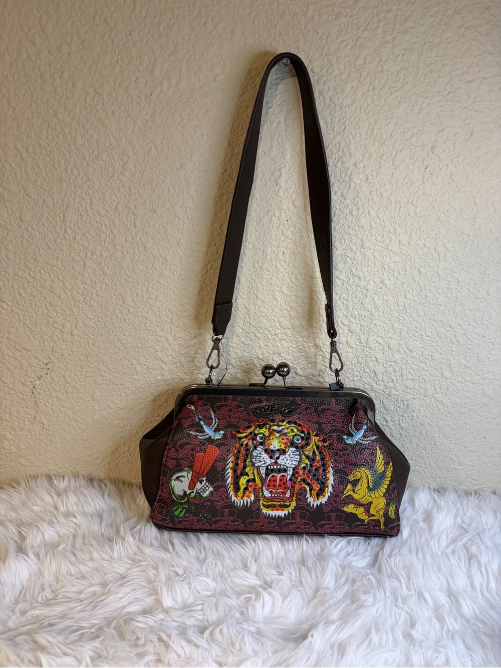 Ed Hardy Tiger Skull Pegasus Kiss Lock Shoulder Bag Rhinestone NWT